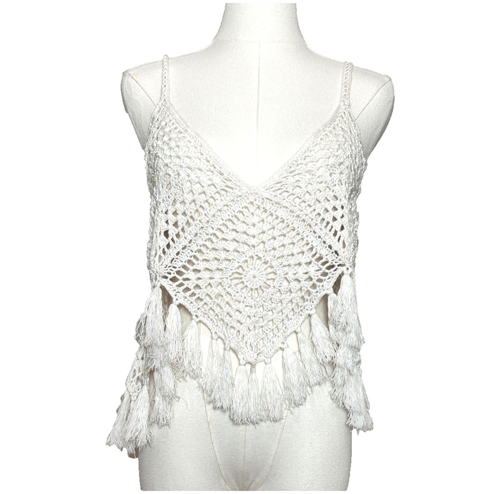 American Eagle Cream Crochet Fringe Cropped Deep V Neck Tank Top Cami Small